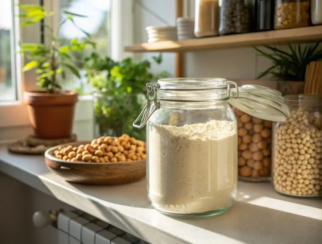 Jar of homemade chickpea flour stored in kitchen pantry