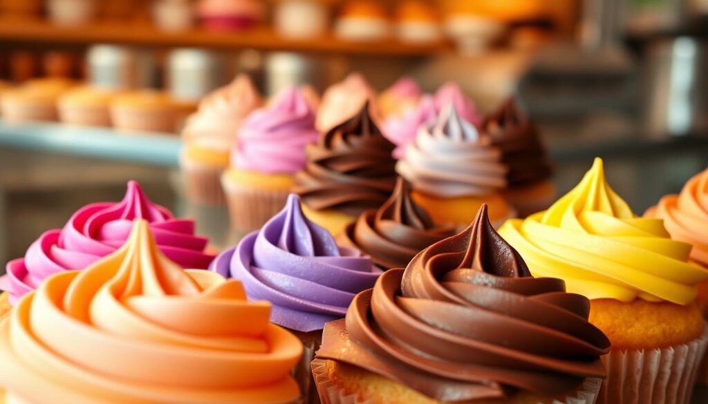 Vegan buttercream frosting in a variety of flavors, beautifully swirled and dolloped atop an assortment of cupcakes. In the foreground, vivid dollops of vibrant pink rose, deep purple lavender, rich chocolate, and bright lemon buttercream. In the middle ground, a selection of cupcakes with smooth, creamy frosting piped in elegant swirls and peaks. The background is a soft, blurred scene of a bakery counter, hinting at the variety of vegan baked goods available. Warm, soft lighting casts a cozy, inviting glow over the entire scene, highlighting the texture and sheen of the buttercream. Captured with a shallow depth of field, drawing the viewer's attention to the delicious frosting flavors. Vegan buttercream frosting in a variety of flavors, beautifully swirled and dolloped atop an assortment of cupcakes. In the foreground, vivid dollops of vibrant pink rose, deep purple lavender, rich chocolate, and bright lemon buttercream. In the middle ground, a selection of cupcakes with smooth, creamy frosting piped in elegant swirls and peaks. The background is a soft, blurred scene of a bakery counter, hinting at the variety of vegan baked goods available. Warm, soft lighting casts a cozy, inviting glow over the entire scene, highlighting the texture and sheen of the buttercream. Captured with a shallow depth of field, drawing the viewer's attention to the delicious frosting flavors.