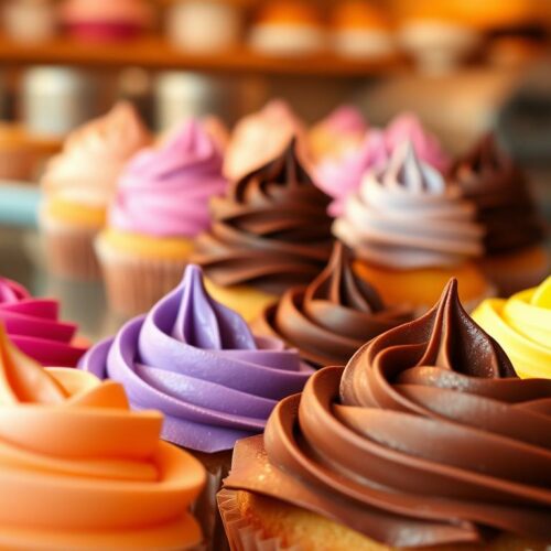 Vegan buttercream frosting in a variety of flavors, beautifully swirled and dolloped atop an assortment of cupcakes. In the foreground, vivid dollops of vibrant pink rose, deep purple lavender, rich chocolate, and bright lemon buttercream. In the middle ground, a selection of cupcakes with smooth, creamy frosting piped in elegant swirls and peaks. The background is a soft, blurred scene of a bakery counter, hinting at the variety of vegan baked goods available. Warm, soft lighting casts a cozy, inviting glow over the entire scene, highlighting the texture and sheen of the buttercream. Captured with a shallow depth of field, drawing the viewer's attention to the delicious frosting flavors.