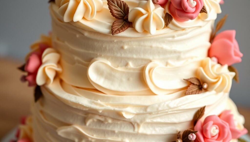 Vegan buttercream frosting swirled and piped onto a three-tier cake, delicately textured with soft peaks and smooth ridges. Decorative flowers, leaves, and intricate piping patterns adorn the sides and top of the cake, creating a visually stunning and appetizing display. The lighting is soft and diffused, highlighting the creamy, glossy sheen of the buttercream. The camera angle captures the cake from a slightly elevated perspective, showcasing the elegant presentation and attention to detail in the decorative techniques. The overall mood is one of refined sophistication and culinary artistry, perfectly suited for the section on "Decorating Techniques with Vegan Buttercream" in the article. Vegan buttercream frosting swirled and piped onto a three-tier cake, delicately textured with soft peaks and smooth ridges. Decorative flowers, leaves, and intricate piping patterns adorn the sides and top of the cake, creating a visually stunning and appetizing display. The lighting is soft and diffused, highlighting the creamy, glossy sheen of the buttercream. The camera angle captures the cake from a slightly elevated perspective, showcasing the elegant presentation and attention to detail in the decorative techniques. The overall mood is one of refined sophistication and culinary artistry, perfectly suited for the section on "Decorating Techniques with Vegan Buttercream" in the article.