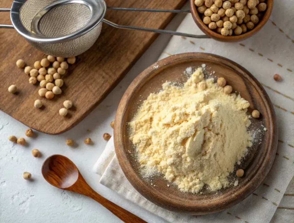 Freshly sifted chickpea flour with sieve and whole chickpeas