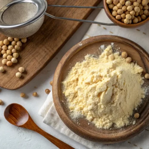 Freshly sifted chickpea flour with sieve and whole chickpeas