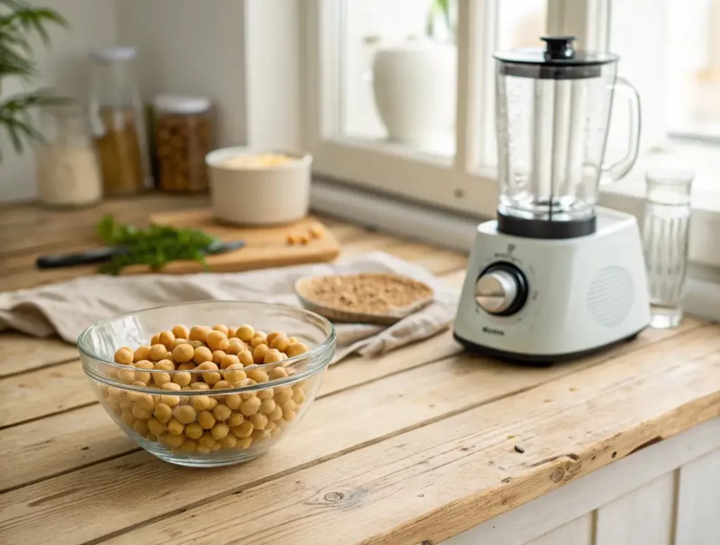Whole dried chickpeas and blender on kitchen counter for homemade chickpea flour