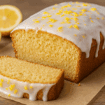 Vegan Lemon Loaf Recipe with a glossy lemon glaze and bright lemon zest on top, sliced to reveal its fluffy, moist crumb, on parchment paper with fresh lemon halves in the background.