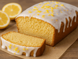 Vegan Lemon Loaf Recipe with a glossy lemon glaze and bright lemon zest on top, sliced to reveal its fluffy, moist crumb, on parchment paper with fresh lemon halves in the background.