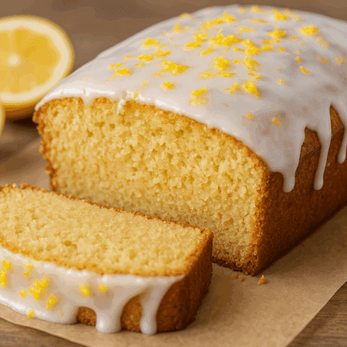 Vegan Lemon Loaf Recipe with a glossy lemon glaze and bright lemon zest on top, sliced to reveal its fluffy, moist crumb, on parchment paper with fresh lemon halves in the background.