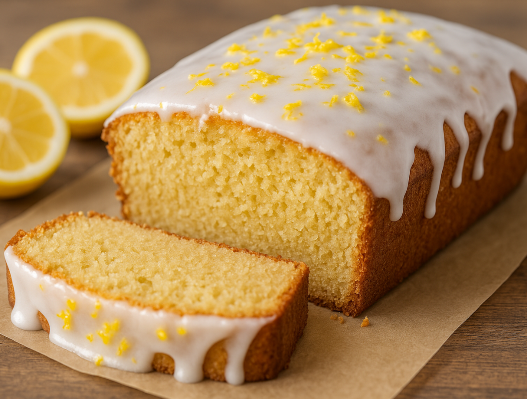 Vegan Lemon Loaf Recipe with a glossy lemon glaze and bright lemon zest on top, sliced to reveal its fluffy, moist crumb, on parchment paper with fresh lemon halves in the background.